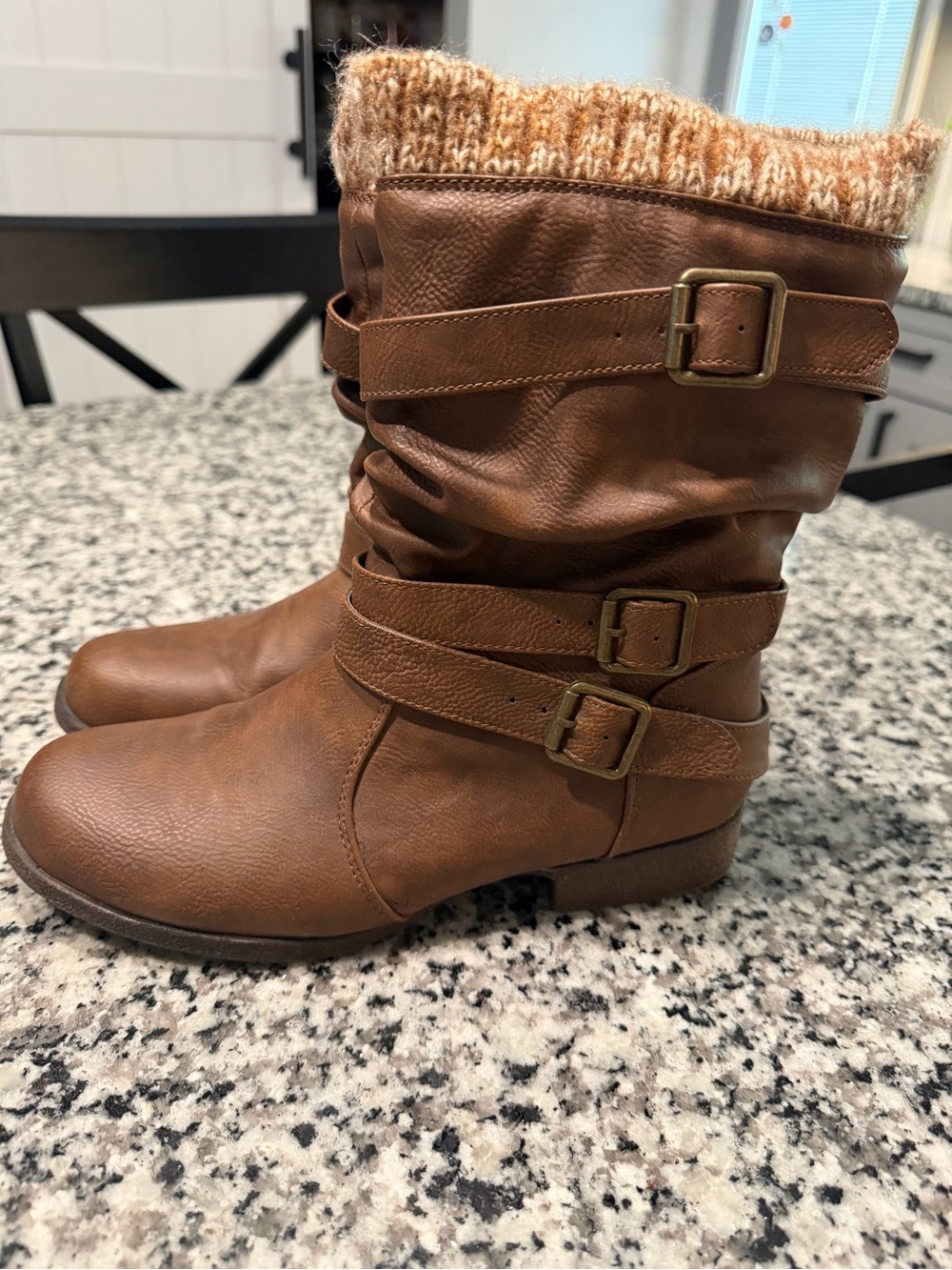 Women’s Brown Buckle Mid-Calf Heeled Boots with Knit Cuff